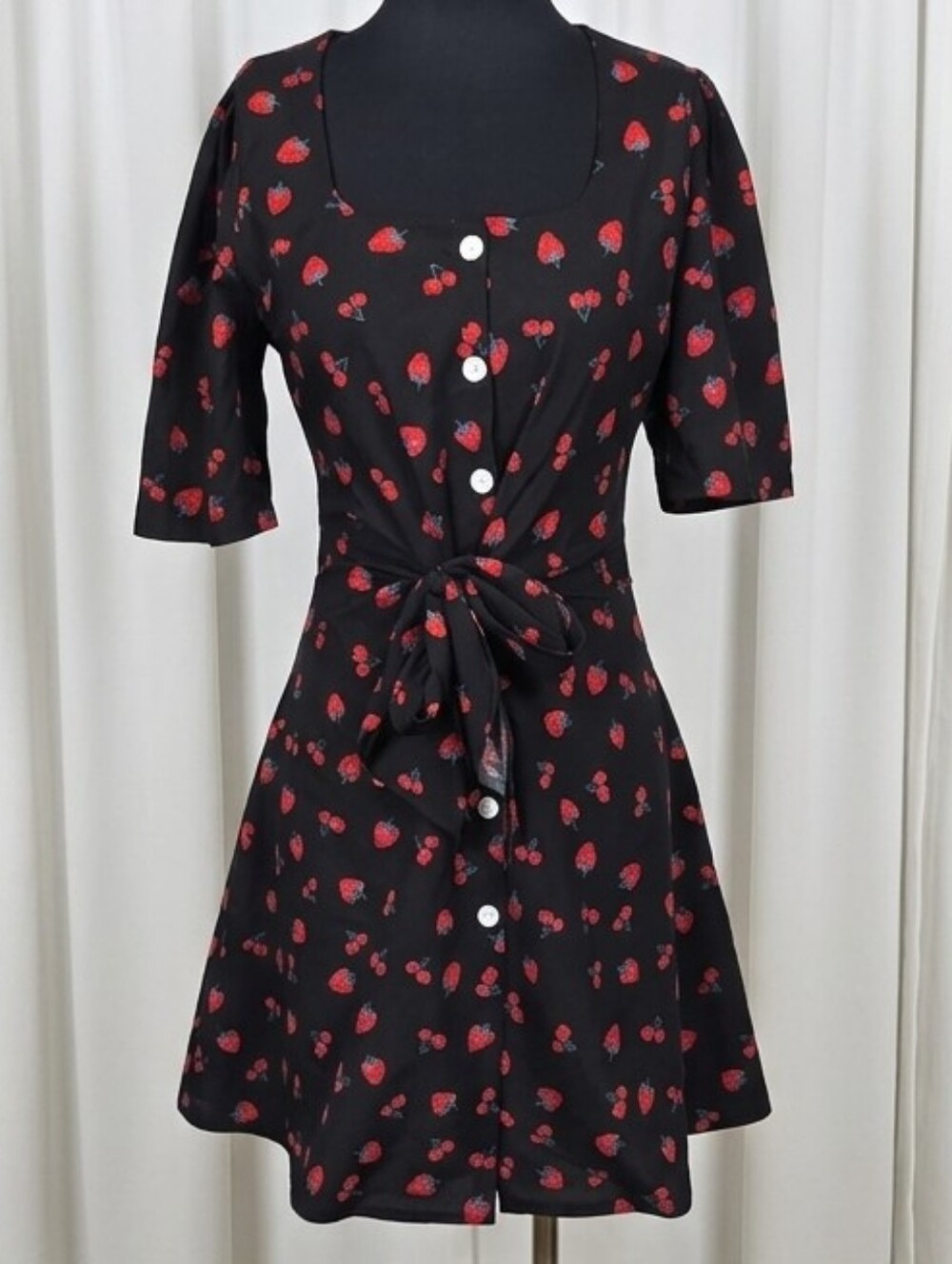 Quanta du Soleil Black Strawberry-Print Tie-Waist Mini Dress